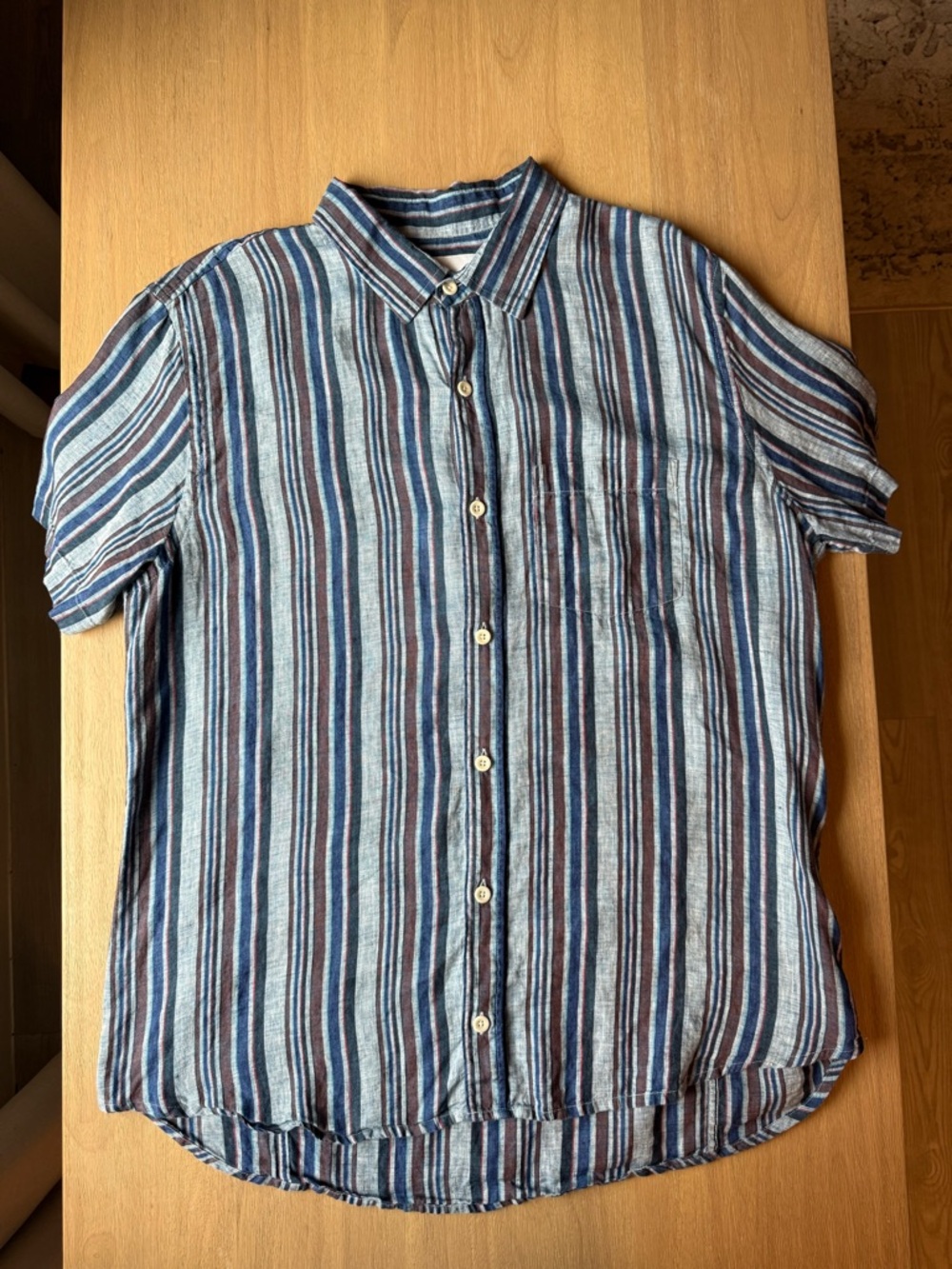 Corridor Men’s Blue Striped Boardwalk Short Sleeve Linen Button Shirt - Large